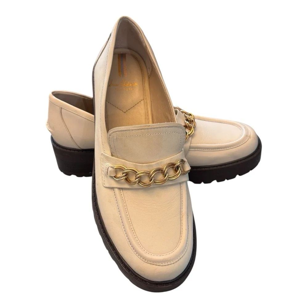 Sam Edelman Taelor Womens 9 M Cream Leather Gold Chain Lug‎ Sole Loafers Chunky